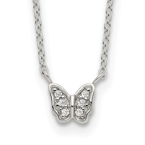 925 Sterling Silver Polished CZ Butterfly 16" Necklace with 2" extension - Picture 1 of 4
